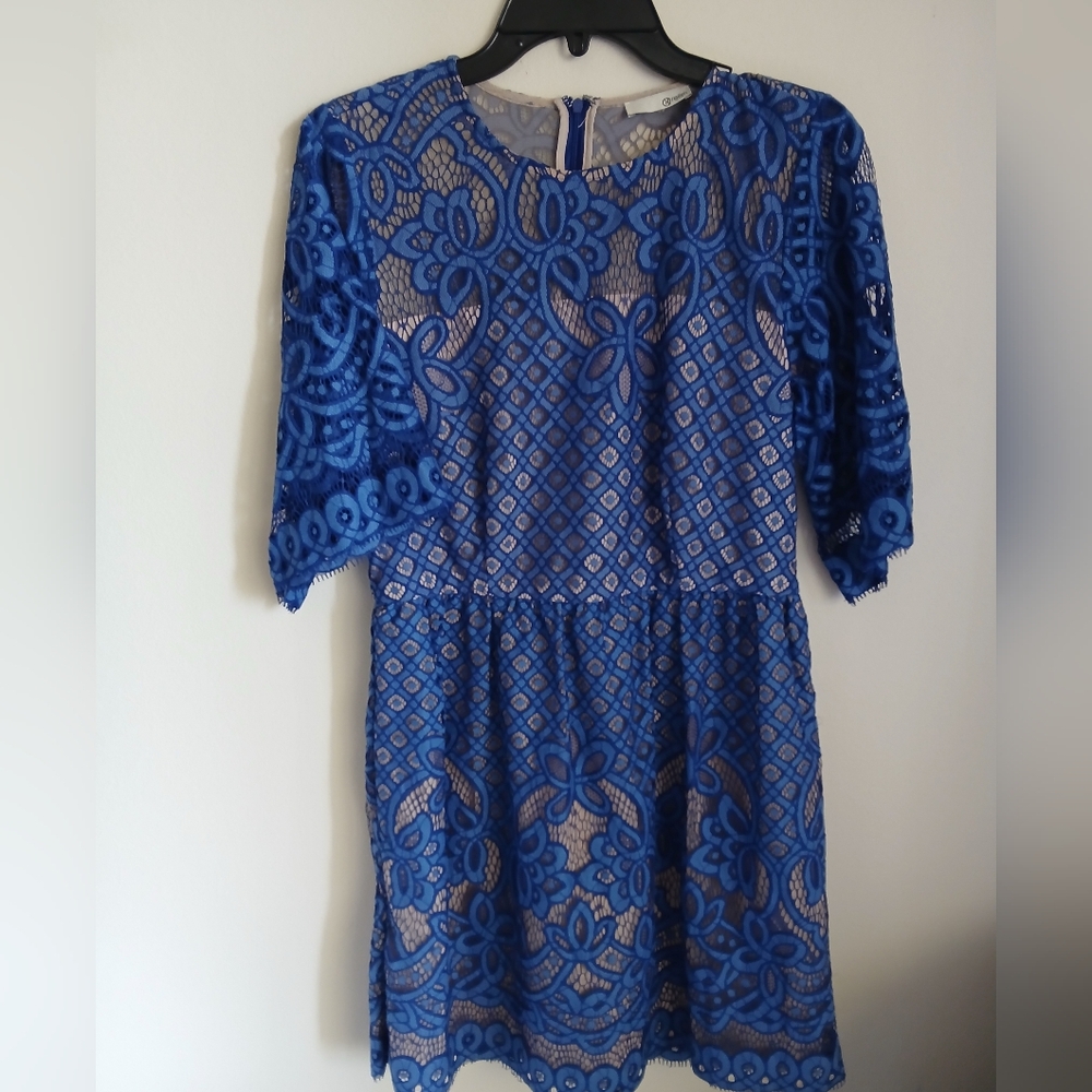 RELISH Blue Knit Long Sleeve Lace Detail Size Large Dress